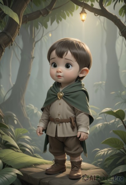 solo,looking at viewer,short hair,brown hair,shirt,long sleeves,1boy,brown eyes,closed mouth,standing,full body,male focus,boots,outdoors,shorts,belt,pants,cape,black eyes,tree,capelet,leaf,brown footwear,plant,child,nature,cloak,forest,pouch,lantern,fantasy,male child,green cape,green capelet,black hair,white shirt,weapon,sheath,realistic,leather boots