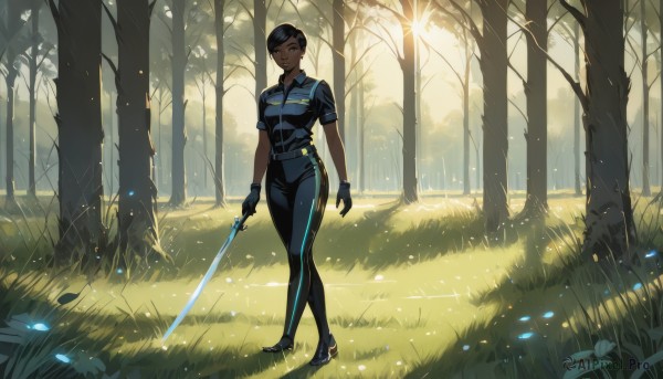 1girl,solo,breasts,looking at viewer,short hair,shirt,black hair,gloves,holding,brown eyes,standing,full body,weapon,short sleeves,outdoors,black gloves,pants,sword,dark skin,holding weapon,uniform,dark-skinned female,tree,holding sword,grass,nature,forest,walking,police,police uniform,policewoman,smile,bangs,blue eyes,medium breasts,closed mouth,necktie,belt,bodysuit,sunlight,tight,glowing weapon,energy sword,glowing sword