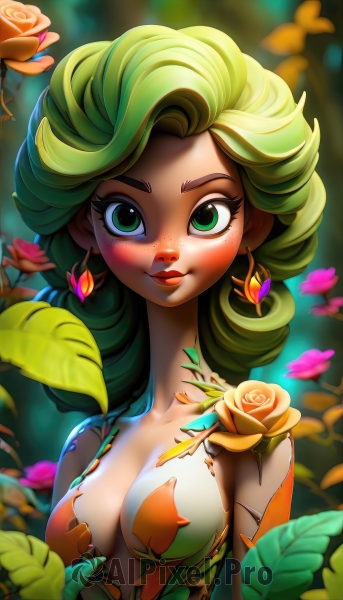 1girl,solo,long hair,breasts,looking at viewer,blush,smile,dress,cleavage,bare shoulders,jewelry,medium breasts,closed mouth,green eyes,collarbone,upper body,flower,earrings,outdoors,green hair,artist name,blurry,lips,eyelashes,makeup,depth of field,blurry background,rose,leaf,bug,plant,lipstick,nature,pink flower,freckles,yellow flower,red lips,vines,orange flower,day,watermark,sunlight,web address,dappled sunlight,yellow rose