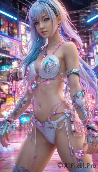 1girl,solo,long hair,breasts,looking at viewer,blue eyes,thighhighs,navel,cleavage,jewelry,medium breasts,underwear,blue hair,standing,swimsuit,white hair,bikini,multicolored hair,cowboy shot,hairband,earrings,necklace,bra,white thighhighs,lips,garter straps,white bikini,science fiction,realistic,android,cable,cyborg,cyberpunk,neon lights,bangs,gloves,bare shoulders,closed mouth,outdoors,fingerless gloves,nail polish,blurry,gradient hair,night,blurry background,watermark,armlet,mechanical arms,single mechanical arm,robot joints,city lights,mechanical parts