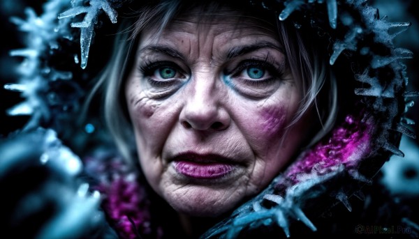 HQ,1girl,solo,looking at viewer,blue eyes,black hair,green eyes,tongue,hood,tongue out,blurry,lips,eyelashes,makeup,portrait,realistic,nose,snowflakes,old,old woman,short hair,parted lips,teeth,fur trim,scar,lipstick,scar on face,close-up