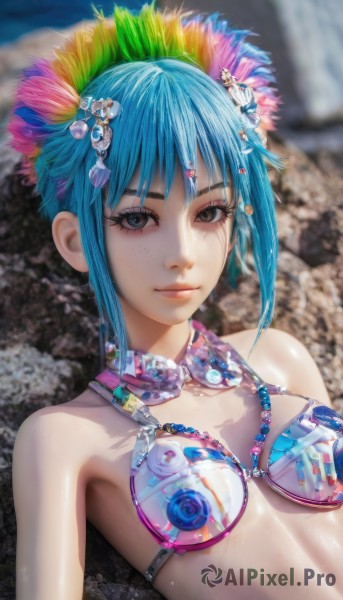 1girl,solo,breasts,looking at viewer,smile,short hair,bangs,blue eyes,hair ornament,bare shoulders,jewelry,closed mouth,blue hair,swimsuit,upper body,sidelocks,bikini,small breasts,shiny,blurry,black eyes,lips,grey eyes,eyelashes,aqua hair,makeup,blurry background,gem,bikini top only,eyeshadow,freckles,realistic,nose,bikini armor,brown eyes,artist name,necklace,feathers,beads,feather hair ornament