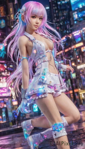 1girl,solo,long hair,breasts,looking at viewer,blue eyes,skirt,hair ornament,gloves,navel,cleavage,medium breasts,standing,pink hair,multicolored hair,blurry,lips,blurry background,standing on one leg,science fiction,city,realistic,center opening,knee pads,skates,roller skates,bangs,bare shoulders,outdoors,shoes,signature,miniskirt,see-through,night,watermark,leg up,building,web address,armlet,cyberpunk,neon lights,hologram