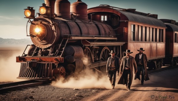 hat,male focus,outdoors,multiple boys,necktie,2boys,facial hair,formal,3boys,suit,ground vehicle,motor vehicle,smoke,science fiction,4boys,top hat,aircraft,sand,vehicle focus,long coat,fedora,trench coat,train,desert,dust,steampunk,weapon,sky,mask,scenery,walking,realistic,railroad tracks