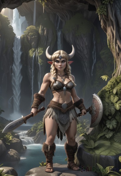 1girl,solo,long hair,breasts,looking at viewer,blue eyes,skirt,blonde hair,navel,holding,cleavage,brown eyes,jewelry,medium breasts,standing,full body,weapon,braid,boots,outdoors,horns,pointy ears,midriff,belt,artist name,water,necklace,holding weapon,armor,twin braids,tree,lips,muscular,toes,watermark,brown footwear,abs,sandals,knife,elf,nature,web address,pelvic curtain,pendant,forest,dual wielding,toned,rock,nose,fantasy,muscular female,fake horns,bracer,axe,bikini armor,loincloth,side braids,waterfall,toeless footwear,holding axe,moss,horned helmet,battle axe,tooth necklace,sword,signature,headband,facial mark,thick thighs,hair over shoulder,serious,circlet,forehead jewel,leg warmers,tribal