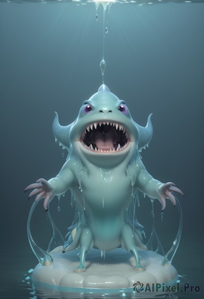 solo,looking at viewer,open mouth,purple eyes,full body,horns,teeth,tongue,water,pokemon (creature),no humans,fangs,sharp teeth,reflection,standing,artist name,signature,colored skin,watermark,outstretched arms,web address,bubble,underwater,realistic,dripping