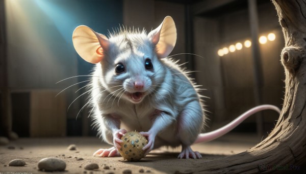 HQ,looking at viewer,blue eyes,holding,food,indoors,blurry,no humans,blurry background,animal,watermark,eating,cat,holding food,web address,claws,realistic,animal focus,mouse,whiskers,hamster,solo,open mouth,standing,tail,full body,outdoors,pokemon (creature),rock,deviantart username