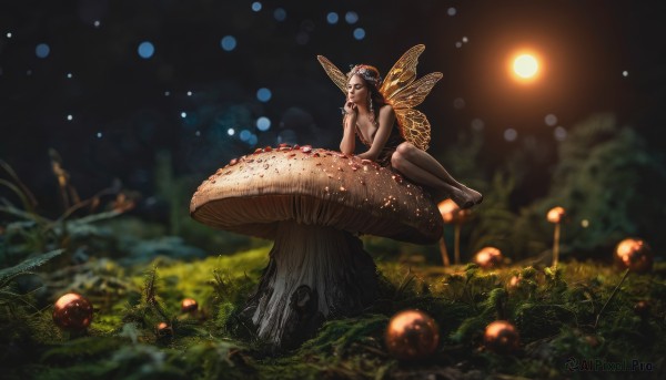 1girl,solo,long hair,breasts,brown hair,cleavage,medium breasts,sitting,nude,outdoors,wings,barefoot,pointy ears,blurry,tree,night,depth of field,grass,plant,nature,scenery,hand on own face,forest,minigirl,fantasy,fairy wings,fairy,mushroom,bokeh,moss,tree stump,black hair,dress,bare shoulders,blurry background,head rest,butterfly wings