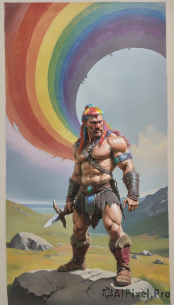 solo,long hair,1boy,navel,holding,jewelry,nipples,standing,full body,weapon,male focus,thighs,red hair,multicolored hair,boots,outdoors,sky,day,pointy ears,sword,cloud,stomach,holding weapon,orange hair,muscular,headband,facial hair,thick thighs,abs,sandals,grass,knife,pectorals,muscular male,bara,beard,large pectorals,bulge,topless male,rock,mature male,dagger,manly,rainbow,loincloth,blue eyes,blue hair,braid,earrings,necklace,tattoo,feathers