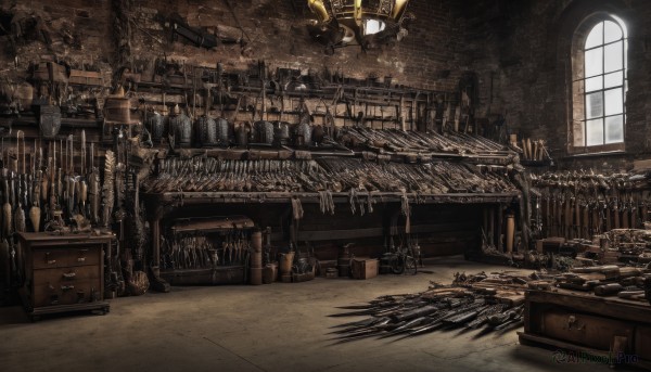 indoors,no humans,window,chair,table,sunlight,bottle,scenery,stairs,lamp,candle,wall,brick wall,shelf,barrel,candlestand,chandelier,treasure chest,fireplace,crate,weapon,day,sword,desk,drawer,cabinet