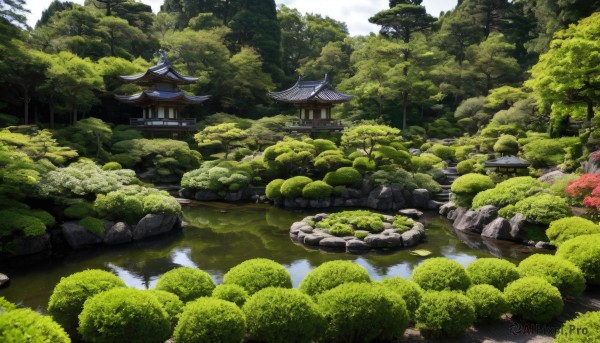 outdoors,day,water,tree,no humans,building,nature,scenery,forest,rock,architecture,bridge,east asian architecture,river,shrine,pond,stone lantern,sky,grass,reflection,bush,moss