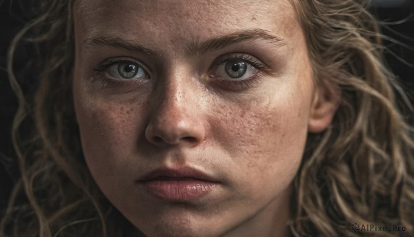 1girl,solo,long hair,looking at viewer,blonde hair,simple background,brown hair,closed mouth,lips,grey eyes,eyelashes,black background,portrait,close-up,freckles,realistic,nose,blue eyes,blurry