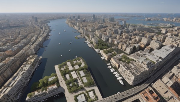 outdoors,sky,day,water,tree,no humans,bird,ocean,from above,building,scenery,city,horizon,cityscape,watercraft,ruins,river,skyscraper,boat,landscape,aircraft,road,ship