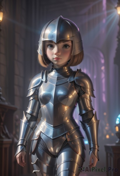 1girl,solo,breasts,looking at viewer,blush,smile,short hair,bangs,brown hair,brown eyes,closed mouth,standing,cowboy shot,small breasts,shiny,artist name,indoors,armor,blurry,lips,bodysuit,blurry background,bob cut,helmet,shoulder armor,gauntlets,pauldrons,breastplate,arms at sides,greaves,knight,full armor,chainmail,plate armor,boobplate,blue eyes,sunlight,freckles,nose,vambraces