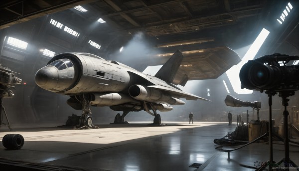 HQ,multiple boys,indoors,signature,military,robot,scenery,machinery,science fiction,realistic,aircraft,airplane,spacecraft,lights,weapon,no humans,mecha,rain,military vehicle,vehicle focus,jet