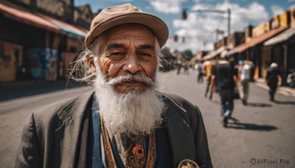 solo,1boy,hat,jewelry,closed mouth,jacket,closed eyes,upper body,white hair,male focus,outdoors,necktie,sky,solo focus,day,cloud,necklace,blurry,blue sky,black jacket,depth of field,blurry background,facial hair,scar,facing viewer,beard,realistic,mustache,brown headwear,old,old man,crowd,looking at viewer,coat,thick eyebrows,scar on face,scar across eye,people,wrinkled skin