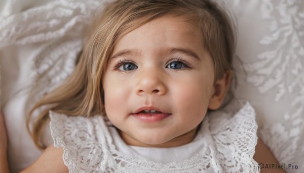 1girl,solo,long hair,looking at viewer,open mouth,blue eyes,blonde hair,brown hair,parted lips,wings,teeth,blurry,lips,grey eyes,child,portrait,feathered wings,angel wings,realistic,white wings,angel,female child,lying,white dress,eyelashes,lace trim,lace,close-up