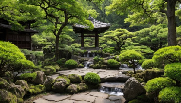 outdoors,day,water,tree,no humans,traditional media,grass,building,nature,scenery,forest,rock,stairs,torii,architecture,east asian architecture,shrine,path,moss,stone lantern,real world location,bush,river,waterfall,stone