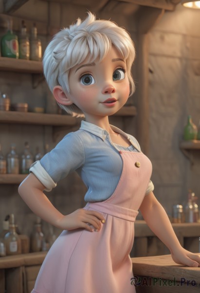 1girl,solo,breasts,looking at viewer,blush,smile,short hair,open mouth,blue eyes,skirt,shirt,white hair,short sleeves,cowboy shot,small breasts,parted lips,teeth,striped,collared shirt,artist name,indoors,blurry,apron,lips,hand on hip,grey eyes,depth of field,blurry background,bottle,blue shirt,sleeves rolled up,pink skirt,freckles,realistic,nose,shelf,bar (place),blonde hair,dress,pink dress,counter