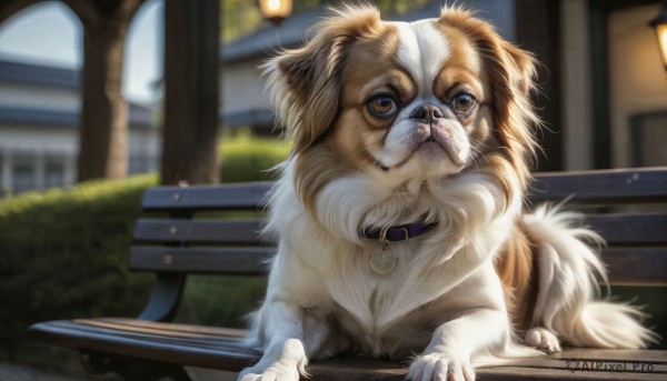 HQ,solo,looking at viewer,brown eyes,sitting,closed mouth,outdoors,day,blurry,collar,no humans,depth of field,blurry background,animal,cat,building,dog,realistic,bench,animal focus,lamppost,whiskers,park bench,window,watermark,web address,bush,animal collar