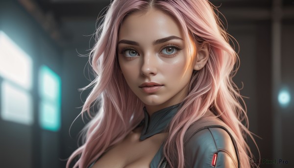 1girl,solo,long hair,breasts,looking at viewer,blue eyes,large breasts,cleavage,jewelry,upper body,pink hair,earrings,blurry,lips,eyelashes,bodysuit,makeup,depth of field,blurry background,piercing,portrait,forehead,freckles,realistic,nose,stud earrings,medium breasts,parted lips,open clothes,artist name,grey eyes,detached collar,wavy hair,close-up,science fiction