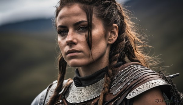 1girl,solo,long hair,looking at viewer,brown hair,brown eyes,closed mouth,upper body,weapon,braid,armor,blurry,black eyes,twin braids,lips,grey eyes,blurry background,shoulder armor,messy hair,portrait,forehead,freckles,pauldrons,breastplate,realistic,nose,chainmail,1boy,male focus,outdoors