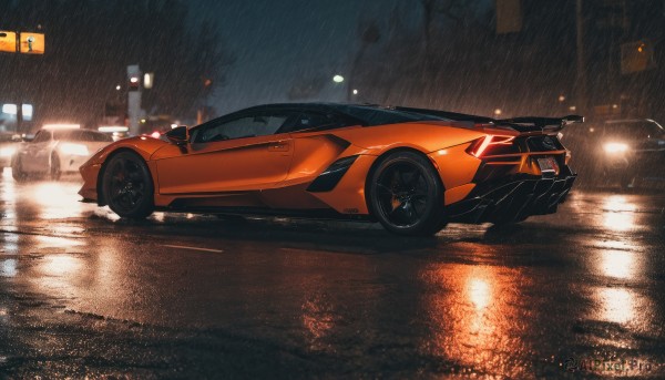 outdoors,no humans,night,ground vehicle,motor vehicle,reflection,rain,car,road,vehicle focus,lamppost,street,sports car,water,from side,wet,scenery,lights