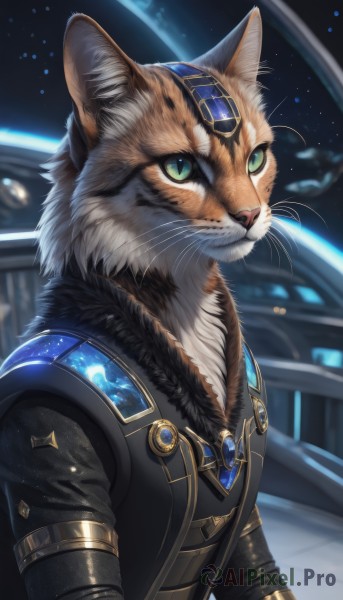 solo,looking at viewer,long sleeves,1boy,animal ears,jewelry,closed mouth,green eyes,jacket,upper body,male focus,artist name,signature,blurry,vest,black jacket,fur trim,no humans,blurry background,animal,cat,slit pupils,gem,star (sky),furry,1other,fur collar,black vest,space,furry male,body fur,animal focus,white fur,planet,whiskers,blue gemstone,black fur,clothed animal,cat ears,animal ear fluff,realistic