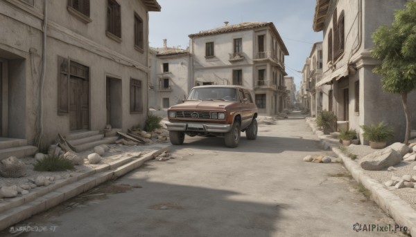 outdoors,sky,day,artist name,signature,dated,tree,blue sky,no humans,window,shadow,grass,plant,ground vehicle,building,scenery,motor vehicle,rock,door,car,road,ruins,house,power lines,street,utility pole,truck,watermark,bush,vehicle focus,tire