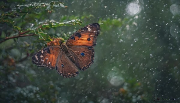 outdoors, wings, water, blurry, tree, no humans, depth of field, animal, leaf, from above, bug, butterfly, nature, scenery, water drop, branch, butterfly wings