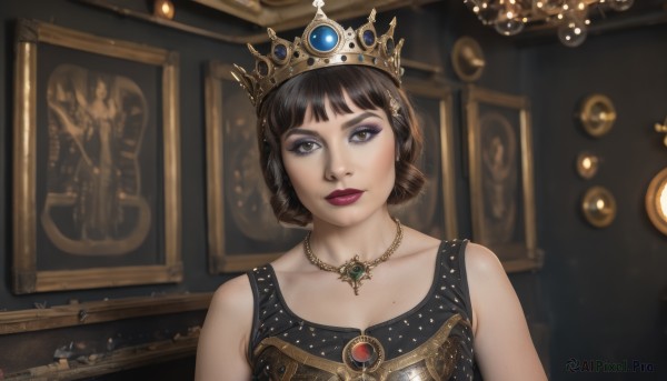 1girl,solo,looking at viewer,short hair,bangs,brown hair,black hair,hair ornament,dress,bare shoulders,brown eyes,jewelry,closed mouth,collarbone,upper body,sleeveless,indoors,necklace,mole,black dress,lips,makeup,tiara,crown,lipstick,gem,eyeshadow,realistic,red lips,portrait (object),breasts,artist name,signature,parody