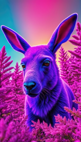 solo,looking at viewer,closed mouth,full body,flower,outdoors,sky,blurry,tree,no humans,animal,cherry blossoms,nature,pink flower,sunset,rabbit,realistic,animal focus,whiskers,gradient sky,pink sky,blue eyes,signature,pokemon (creature),branch