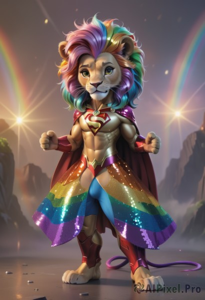 solo,looking at viewer,smile,blue eyes,1boy,navel,animal ears,jewelry,green eyes,blue hair,standing,tail,full body,purple hair,male focus,multicolored hair,earrings,outdoors,green hair,sky,teeth,artist name,star (symbol),cape,armor,gradient hair,muscular,abs,pectorals,muscular male,multicolored clothes,furry,clenched hands,bulge,rock,red cape,bracer,furry male,lion ears,rainbow,whiskers,brown fur,lion tail,starry sky print,rainbow gradient,lion boy,1girl,yellow eyes,pink hair,two-tone hair,sparkle,watermark,web address,furry female,rainbow hair