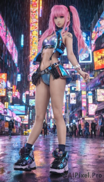 1girl,solo,long hair,breasts,looking at viewer,bangs,blue eyes,navel,bare shoulders,twintails,jewelry,medium breasts,standing,swimsuit,full body,pink hair,small breasts,outdoors,shoes,solo focus,socks,midriff,belt,pink eyes,stomach,black footwear,bracelet,lips,legs,tattoo,sneakers,rain,wristwatch,cyberpunk,neon lights,skirt,gloves,ribbon,closed mouth,hair ribbon,sidelocks,bikini,earrings,artist name,blunt bangs,bag,nail polish,blurry,crop top,wet,bare legs,black ribbon,night,umbrella,watermark,piercing,black socks,building,ear piercing,buckle,blue bikini,zipper,single glove,pouch,city,road,street,crowd