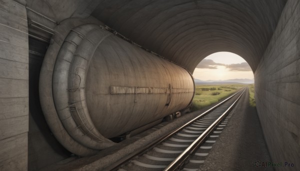 outdoors,sky,day,cloud,water,no humans,ocean,sunlight,cloudy sky,grass,scenery,stairs,horizon,tree,nature,sunset,mountain,sun,road,landscape,railroad tracks