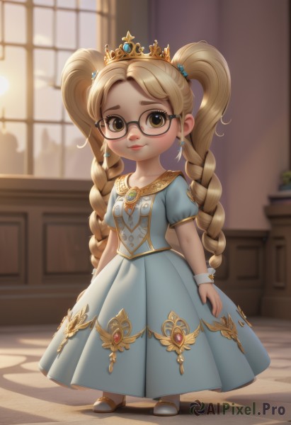 1girl,solo,long hair,looking at viewer,blush,smile,blonde hair,dress,twintails,brown eyes,jewelry,very long hair,closed mouth,standing,collarbone,full body,braid,short sleeves,earrings,shoes,glasses,puffy sleeves,artist name,indoors,blurry,twin braids,puffy short sleeves,lips,wrist cuffs,window,depth of field,blurry background,blue dress,shadow,watermark,tiara,aged down,crown,brooch,gem,child,forehead,freckles,black-framed eyewear,female child,breasts,bangs,hair ornament,yellow eyes,small breasts,signature,necklace,chibi,parted bangs,white footwear,hair tie,arms at sides,blue gemstone,princess,parted hair,aqua dress