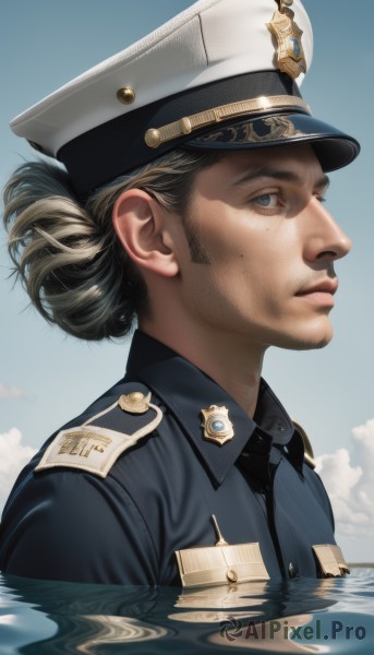 1girl,solo,looking at viewer,short hair,blue eyes,blonde hair,shirt,black hair,1boy,hat,closed mouth,jacket,upper body,male focus,parted lips,necktie,sky,day,collared shirt,cloud,water,hair bun,mole,uniform,from side,blue sky,lips,military,mole under eye,military uniform,profile,buttons,white headwear,single hair bun,portrait,peaked cap,partially submerged,freckles,military hat,realistic,nose,badge,police,mole on cheek,outdoors,facial hair,blue jacket,reflection,epaulettes,pocket,folded ponytail,breast pocket