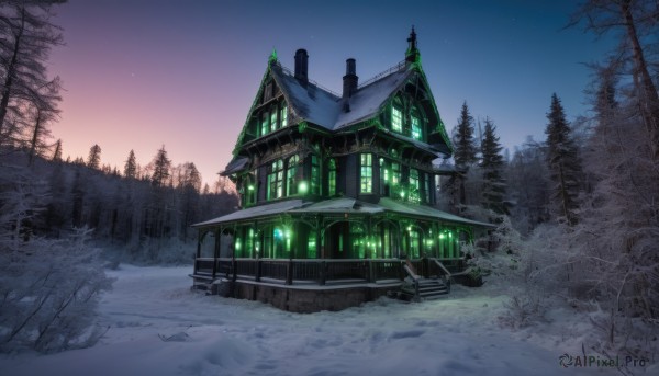 outdoors,sky,tree,no humans,window,night,grass,ground vehicle,building,star (sky),nature,night sky,scenery,snow,forest,starry sky,snowing,house,winter,bare tree,gradient sky,pine tree,stairs,door,landscape,chimney