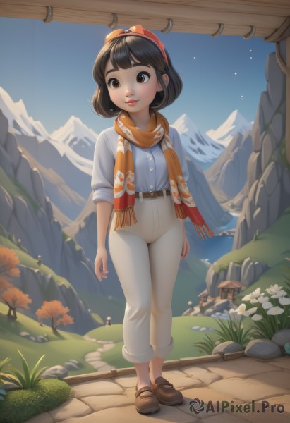 1girl,solo,short hair,bangs,brown hair,shirt,black hair,bow,brown eyes,standing,full body,flower,hair bow,hairband,outdoors,parted lips,sky,shoes,day,belt,pants,scarf,tree,blue sky,lips,brown footwear,suspenders,grass,blue shirt,nature,walking,red scarf,rock,mountain,white pants,orange scarf,smile,white shirt,solo focus,red bow,sleeves rolled up,orange bow,red hairband,grey pants,high-waist pants