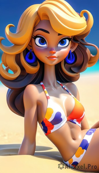 1girl,solo,long hair,breasts,looking at viewer,blush,smile,blue eyes,blonde hair,brown hair,navel,cleavage,bare shoulders,jewelry,medium breasts,sitting,collarbone,swimsuit,bikini,earrings,outdoors,parted lips,day,dark skin,dark-skinned female,lips,makeup,shadow,ocean,arm support,beach,floral print,lipstick,tan,multicolored clothes,eyeshadow,tanlines,curly hair,hoop earrings,sand,leaning back,print bikini,multicolored bikini,open mouth,small breasts,teeth,stomach,strap gap