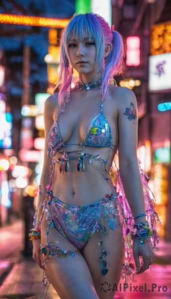 1girl,solo,breasts,looking at viewer,bangs,blue eyes,navel,bare shoulders,twintails,jewelry,medium breasts,closed mouth,blue hair,standing,swimsuit,pink hair,bikini,multicolored hair,cowboy shot,earrings,outdoors,choker,medium hair,blurry,collar,bracelet,two-tone hair,lips,tattoo,gradient hair,blurry background,breasts apart,blue bikini,realistic,long hair,collarbone,sidelocks,small breasts,parted lips,artist name,necklace,nail polish,night,depth of field,watermark,piercing,ring,short twintails,gem,beads,arms at sides,arm tattoo,neon lights