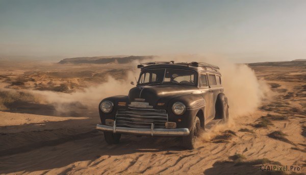 outdoors,sky,day,blue sky,no humans,ground vehicle,scenery,motor vehicle,sand,car,road,vehicle focus,desert,dust,truck,smoke,sports car,dust cloud