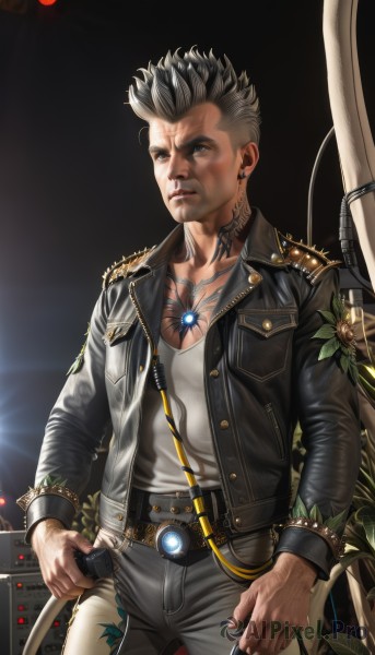 solo,short hair,shirt,black hair,1boy,jewelry,closed mouth,standing,jacket,white shirt,male focus,cowboy shot,earrings,open clothes,belt,pants,necklace,bracelet,open jacket,black jacket,looking to the side,tattoo,muscular,scar,ring,pectorals,muscular male,spikes,realistic,cable,grey pants,leather,spiked bracelet,leather jacket,mohawk,blue eyes,holding,grey hair,artist name,piercing,spiked hair,ear piercing,microphone,facial tattoo,chest tattoo