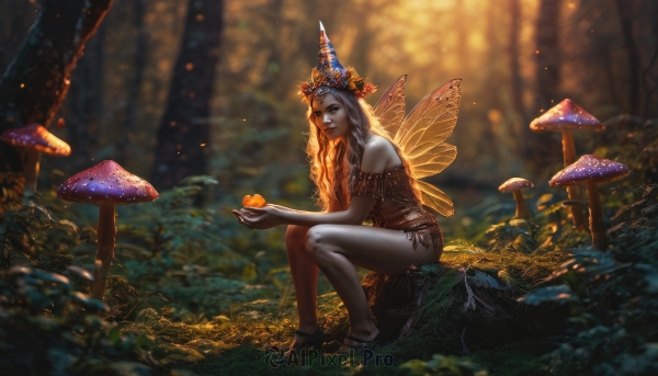 1girl,solo,long hair,blue eyes,holding,bare shoulders,jewelry,sitting,outdoors,food,wings,barefoot,blurry,tree,lips,bare legs,fruit,depth of field,blurry background,sandals,sunlight,squatting,grass,bug,crown,nature,forest,light rays,realistic,fantasy,fairy wings,fairy,mushroom,moss,tree stump,green eyes,flower,from side,holding food,scenery,backlighting,curly hair,rock,orange (fruit)