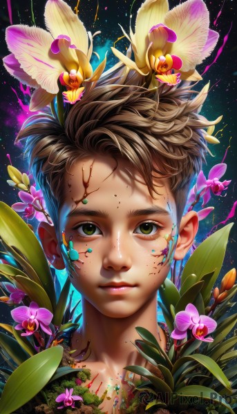 solo,looking at viewer,short hair,brown hair,1boy,brown eyes,closed mouth,green eyes,flower,male focus,lips,eyelashes,blood,leaf,plant,portrait,pink flower,freckles,realistic,nose,jewelry,necklace,watermark,facial mark,web address,surreal