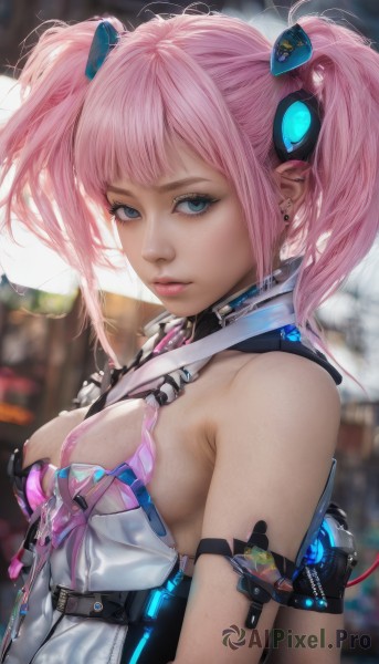 1girl,solo,long hair,breasts,looking at viewer,bangs,blue eyes,hair ornament,cleavage,bare shoulders,twintails,jewelry,medium breasts,upper body,pink hair,earrings,small breasts,blurry,from side,lips,eyelashes,makeup,blurry background,piercing,between breasts,ear piercing,science fiction,realistic,nose,short hair,closed mouth,sidelocks,parted lips,artist name,depth of field,headgear,cable