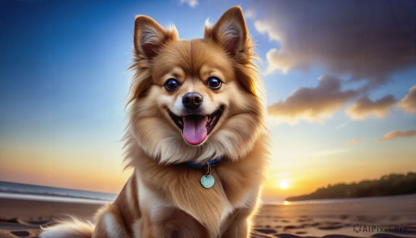 HQ,solo,looking at viewer,open mouth,blue eyes,jewelry,outdoors,sky,tongue,cloud,tongue out,water,necklace,collar,no humans,ocean,animal,beach,scenery,sunset,dog,realistic,sand,sun,horizon,animal focus,shiba inu,teeth,fangs,animal collar,sunrise,pet