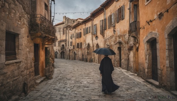 solo,1boy,holding,standing,male focus,outdoors,sky,day,cloud,from behind,black footwear,coat,window,umbrella,building,scenery,1other,rain,black coat,holding umbrella,city,door,facing away,road,wide shot,power lines,street,utility pole,alley,1girl,black hair,walking,wall,architecture,town,arch,pavement