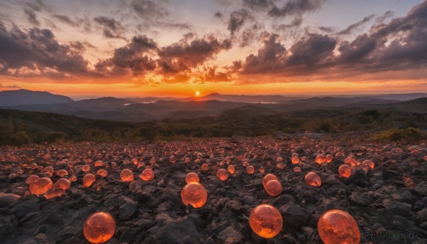 outdoors, sky, cloud, dutch angle, no humans, cloudy sky, scenery, sunset, mountain, sun, horizon, field, evening, landscape, orange sky