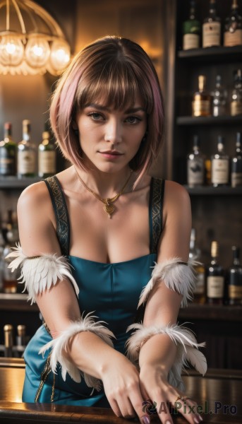 1girl,solo,breasts,looking at viewer,smile,short hair,bangs,large breasts,brown hair,dress,cleavage,bare shoulders,brown eyes,jewelry,medium breasts,closed mouth,collarbone,upper body,heart,multicolored hair,sleeveless,indoors,necklace,nail polish,mole,blurry,lips,streaked hair,fingernails,fur trim,depth of field,blurry background,blue dress,bob cut,ring,bottle,pink nails,alcohol,mole on breast,realistic,nose,purple nails,heart necklace,bar (place),counter,earrings,handbag,fur